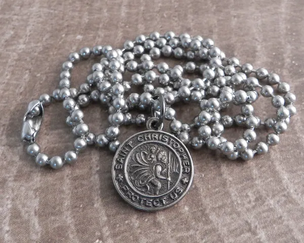 St. Christopher Coin on Stainless Steel Ball Chain Necklace