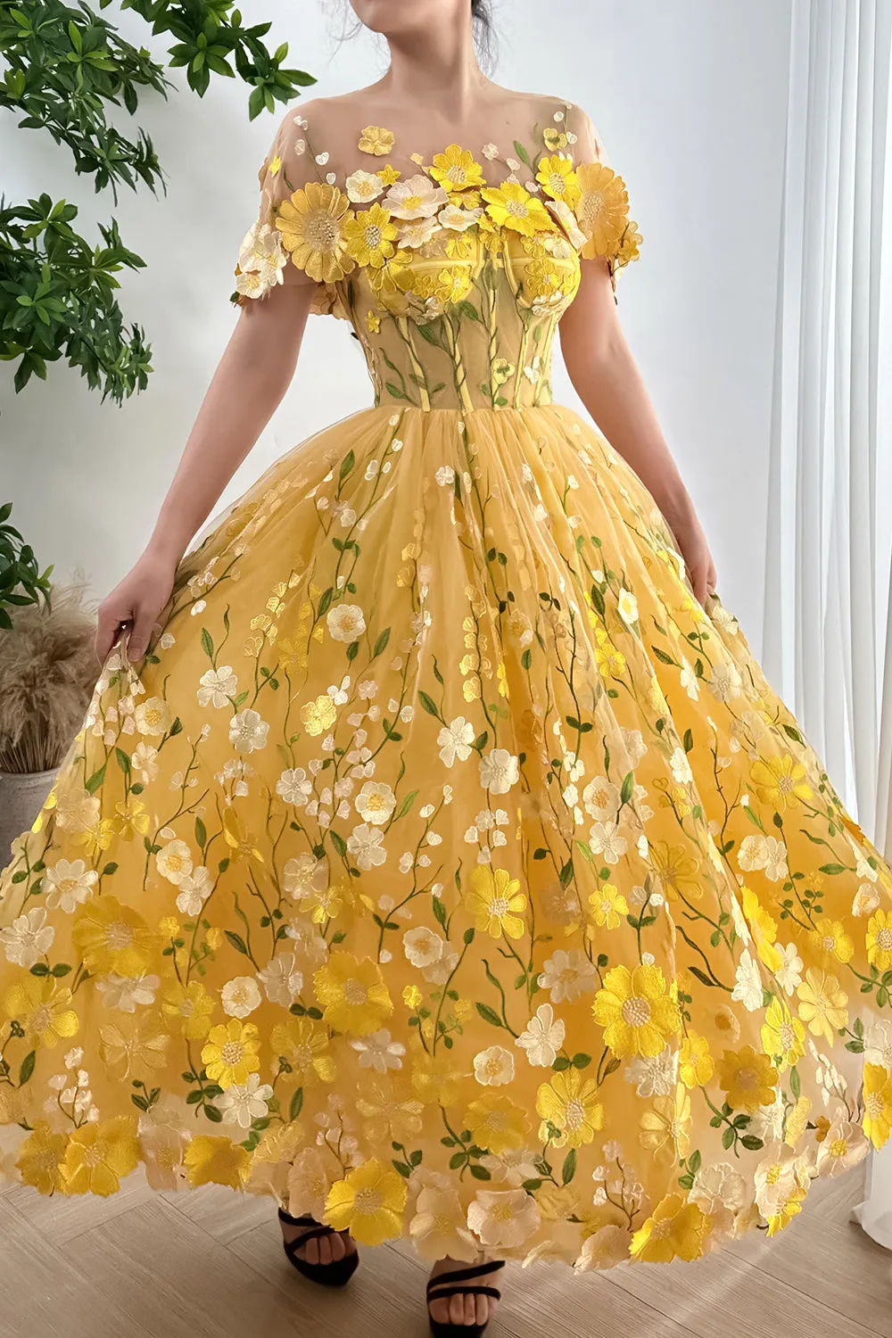 Strapless Floral Corset Yellow Dress with Removable Cape