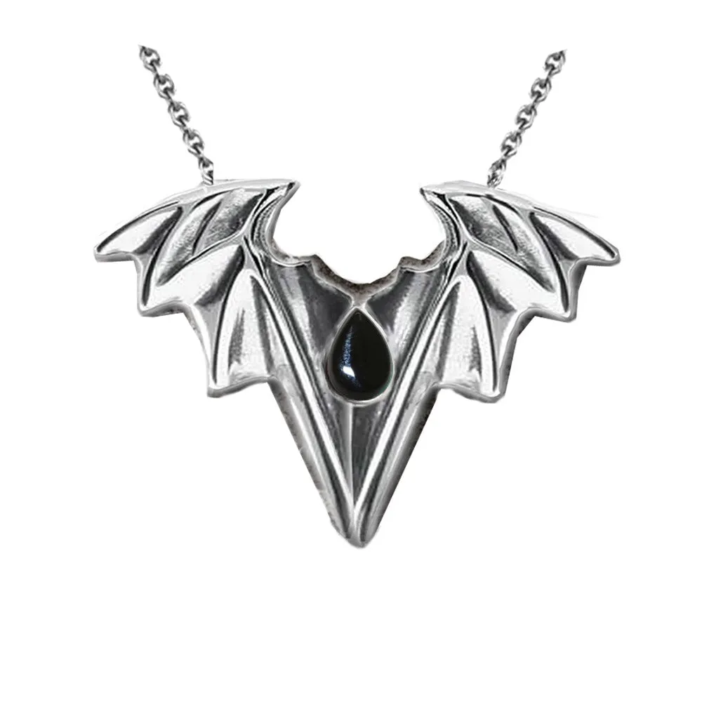 Vampire Bat Gothic Necklace with Teardrop, Solid Silver Handmade Bat Pendant - Bat Jewellery