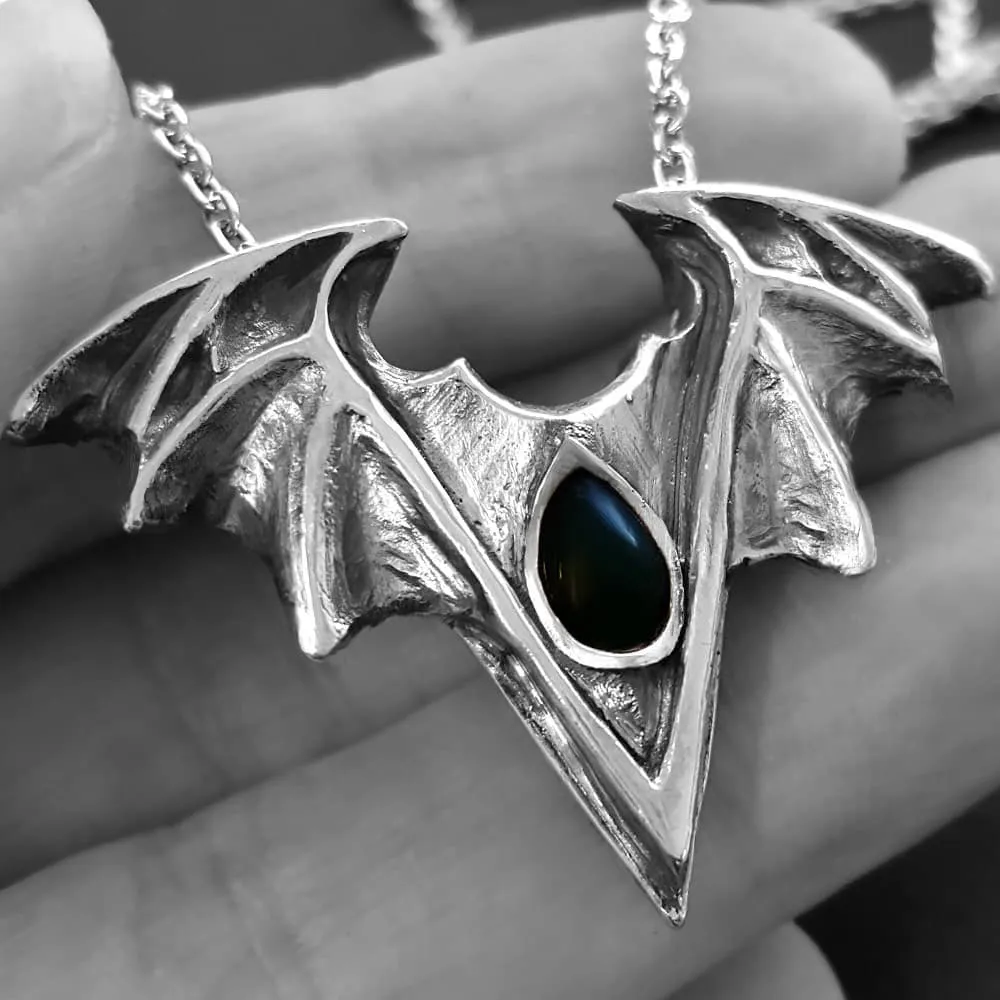 Vampire Bat Gothic Necklace with Teardrop, Solid Silver Handmade Bat Pendant - Bat Jewellery