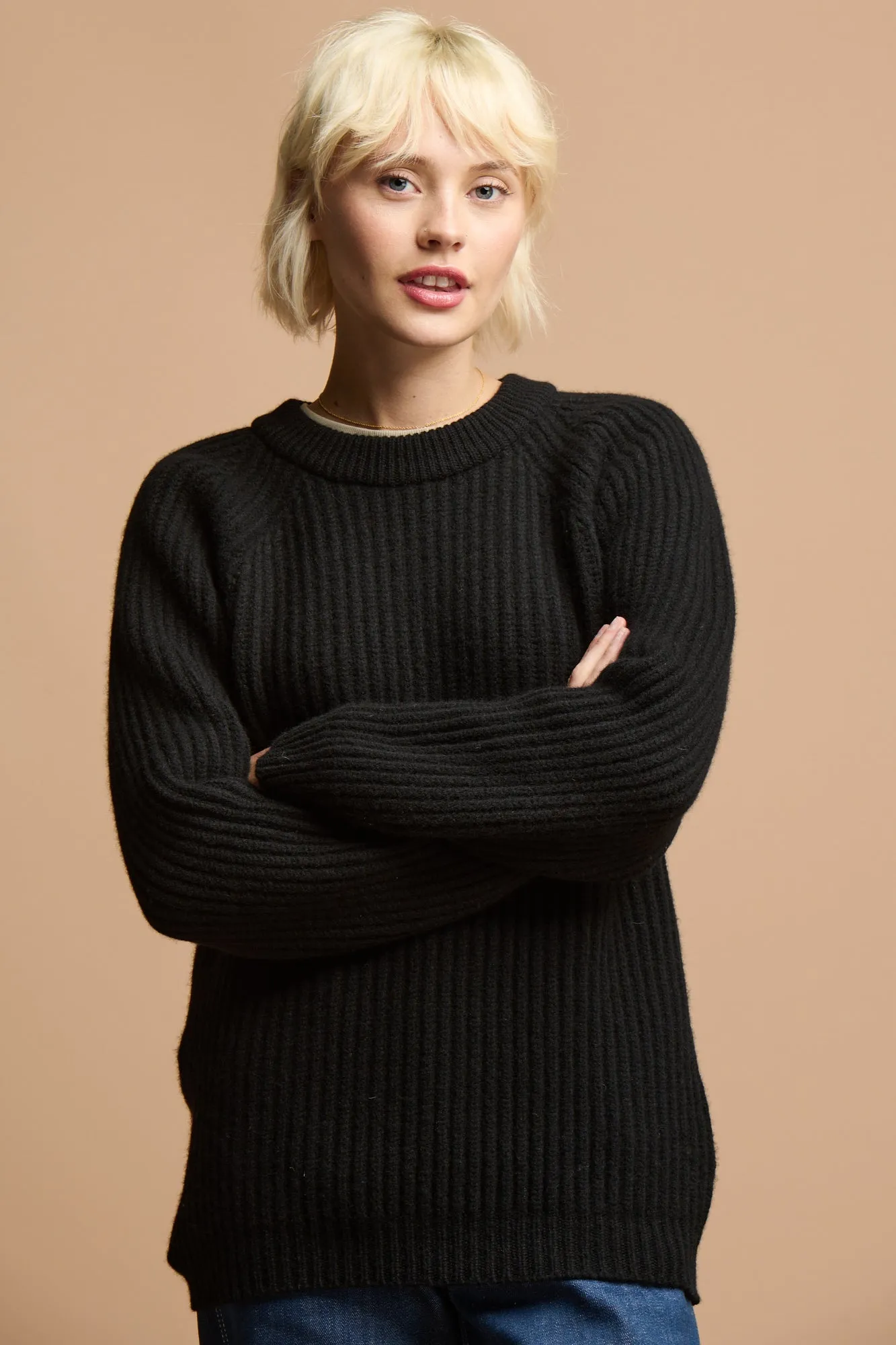 Women's Lambswool Fisherman Ribbed Jumper - Black